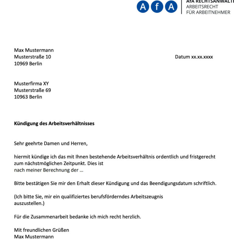 Die richtige Vorlage: Kündigung des Arbeitsvertrags